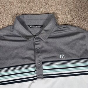 TravisMathew Mens Golf Polo Shirt Gray White Striped Logo Size L